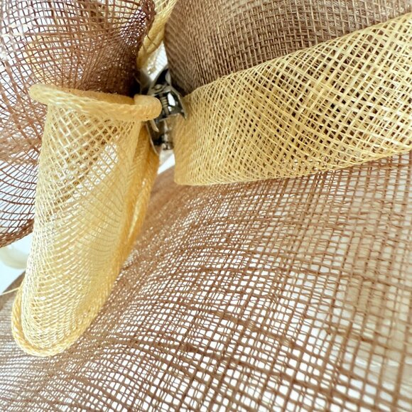 August Wide Brim Straw Hat Natural Feather Bow Vintage Elegant Church Derby - Picture 12 of 14